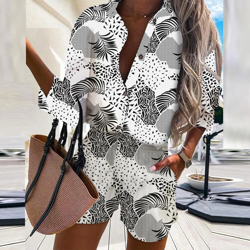 Autumn Casual Beach Outfits For Women 2024 Spring Half Sleeve Shirts Tops And Shorts 2 Piece Set Leopard Print Two Piece Sets - Seprincess