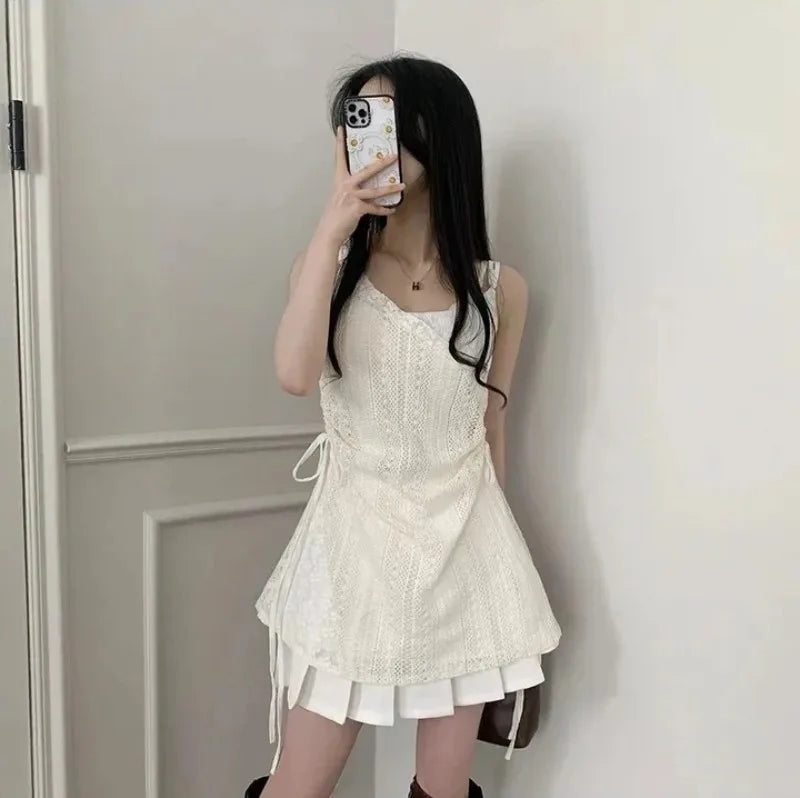 Summer Dress Women Chic French Lace Stitching Sling Shirt Stacked Gauze Knitted Dress Overskirt Inner Wear Base Short Dress - Seprincess