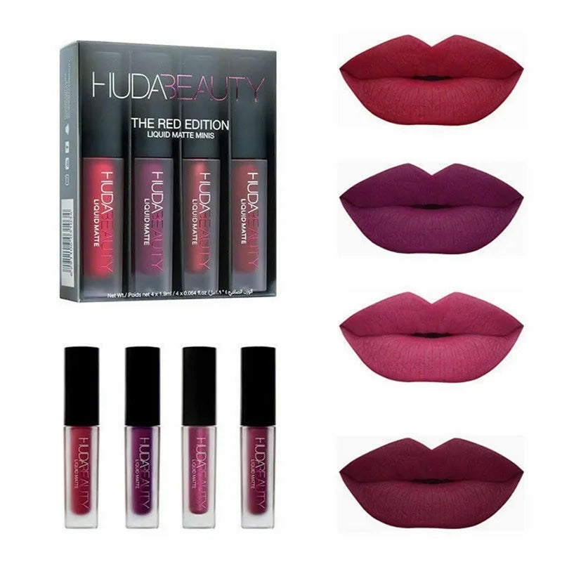 4pcs Lipstick Set Matte Lip Gloss Waterproof Lip Glaze Tint Non-stick Non-Fading Lips Huda Lip Makeup Cosmetic Lip Care - Seprincess