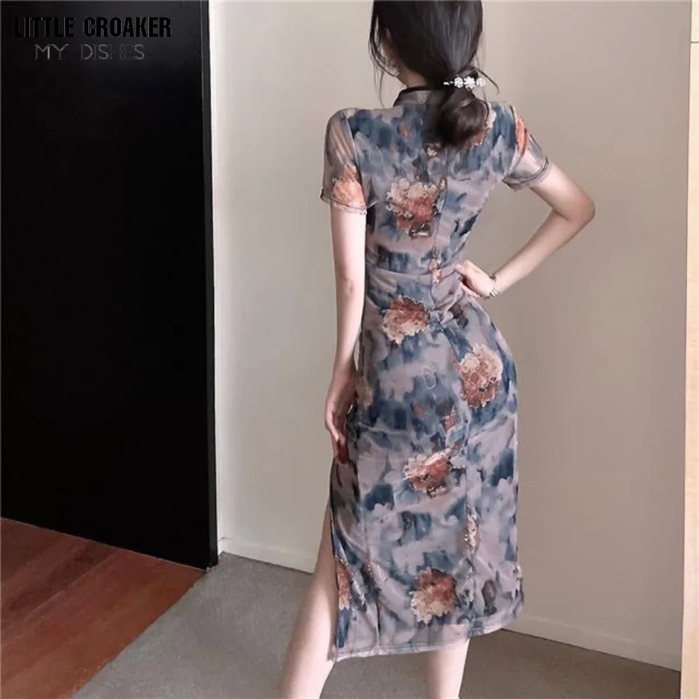 Retro Fenghua Color Imperial Sister Cheongsam Goddess Style Improved Qipao Women's Summer Slim Fit Show Body Slit Bag Dress - Seprincess