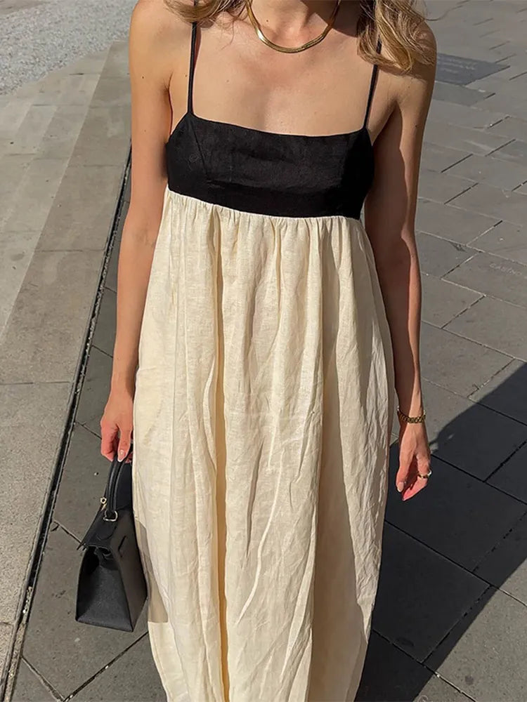 Contrast Splicing Loose Sling Long Dresses Women Square Collar Sleeveless Backless High Waist Dress 2024 Summer Lady Street Robe - Seprincess