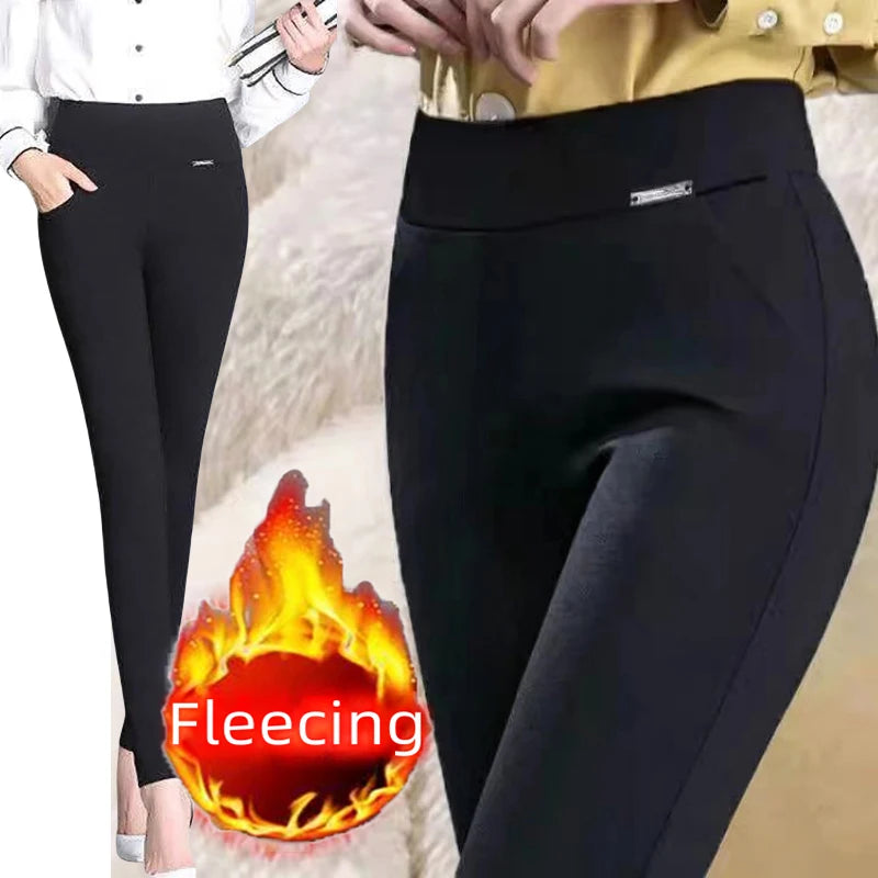 Thin&Thick Fleece Women Autumn Winter Slim Pants Solid Pocket Casual All-Match Pencil Pants Office Lady's Basic Elegant Trousers