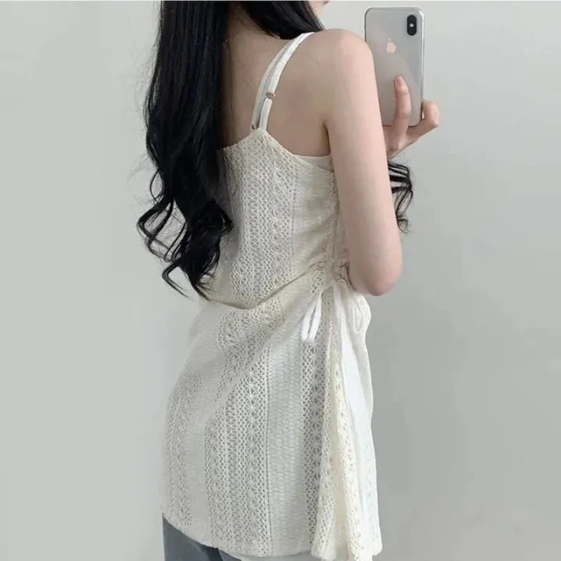 Summer Dress Women Chic French Lace Stitching Sling Shirt Stacked Gauze Knitted Dress Overskirt Inner Wear Base Short Dress - Seprincess