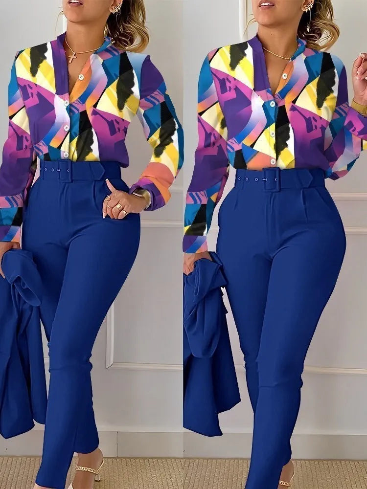 Elegant Women Printed Two Piece Suit Sets Spring Autumn V Neck Long Sleeve Shirt Top & Long Pants Set With Belt Workwear Outfits