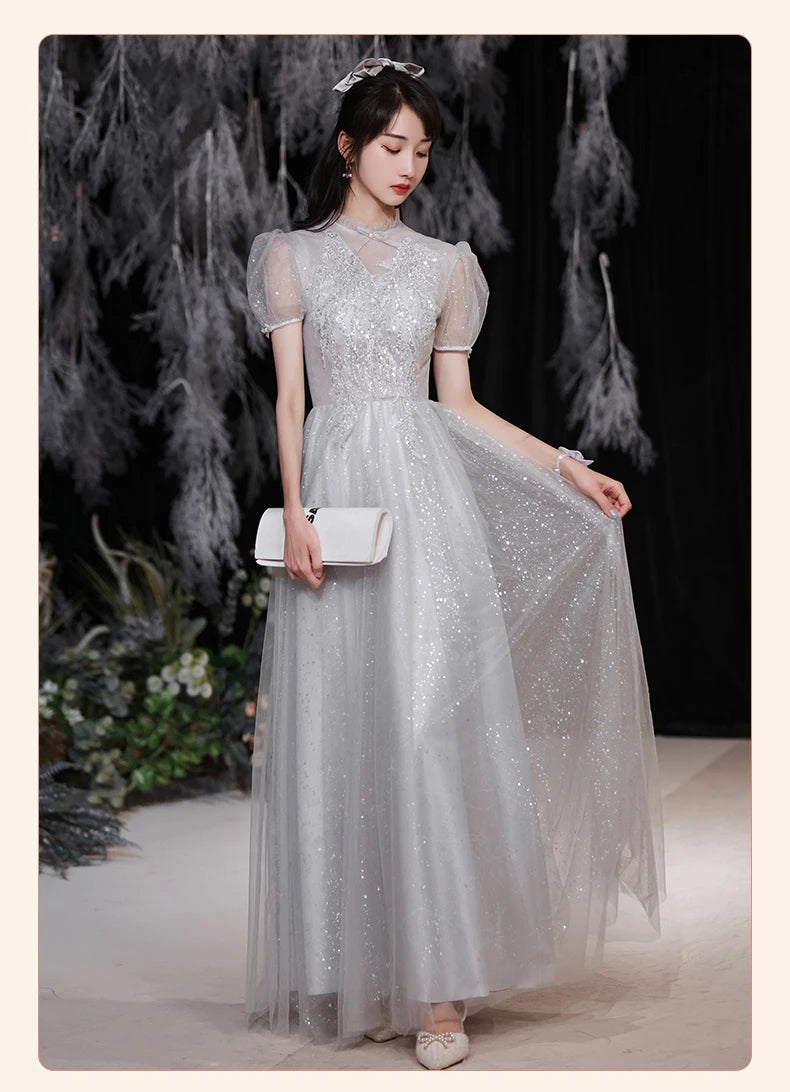 Temperament grey bridesmaid dress 4 Styles Applique Sisters Group Graduation Evening Dresses Simple Wedding Female Guest Dress