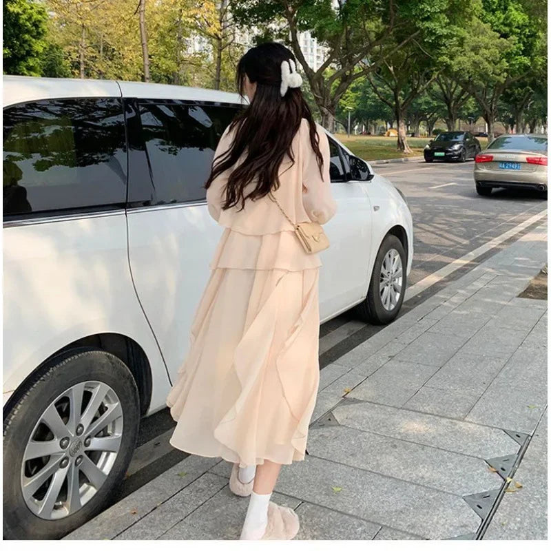 2024 Summer New Women's Ruffle Edge Tank Dress Long Sleeve Sun Protection Cardigan 2-piece Set Soft Fairy-like Design - Seprincess