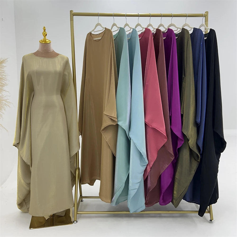 Ramadan Summer Batwing Sleeve Satin Butterfly Abaya Islam Muslim Maxi Dress Kebaya Women Kaftan Robe Musulmane Femme Vestidos