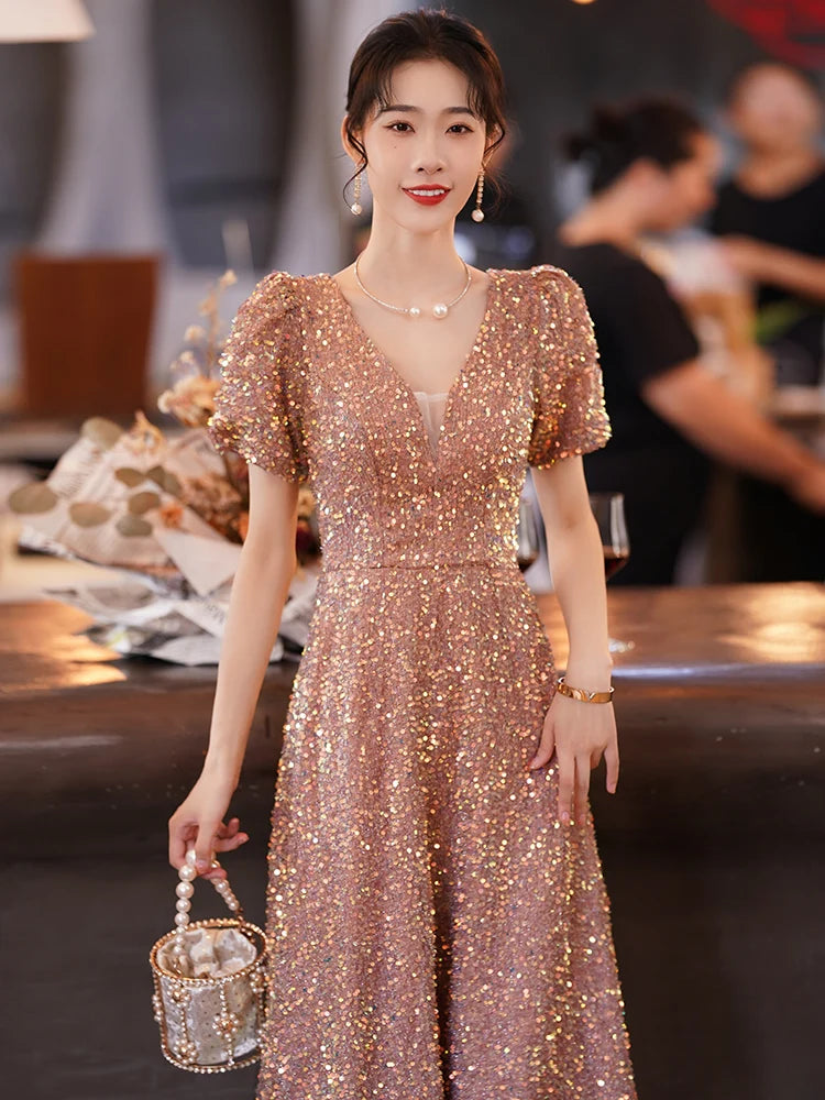 Glittering Sequined Evening Dress V Neck Slim Long Cocktail Party Dress 2023 Fashion Female Banquet Prom Gowns - Seprincess