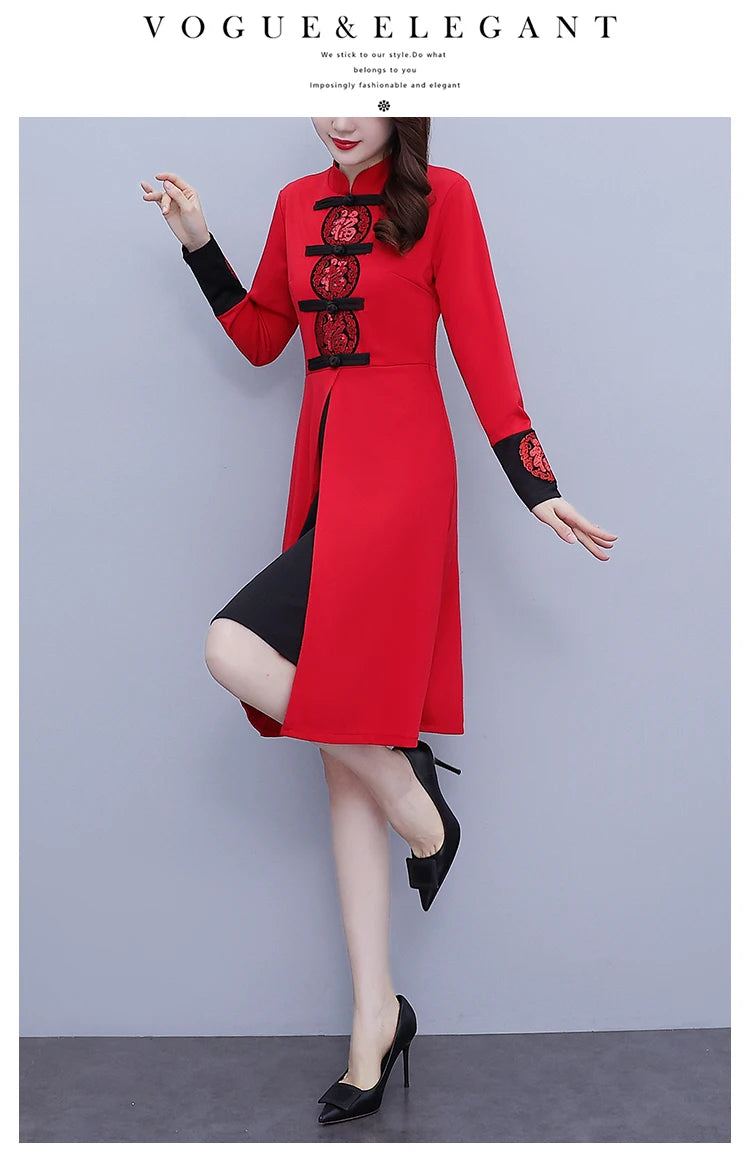 Women's Autumn New Red Festive Dress Slim Retro Improved Cheongsam Chinese Traditional Qipao Dress Plus Size M-5XL - Seprincess