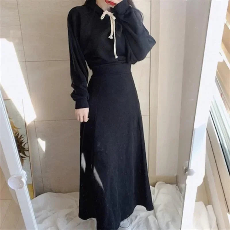 Spring  Autumn New Korean Women's Skirt Set Hooded Long Sleeve Hoodies Tops High Waisted Half Length Skirt 2 Piece Sets Womens - Seprincess