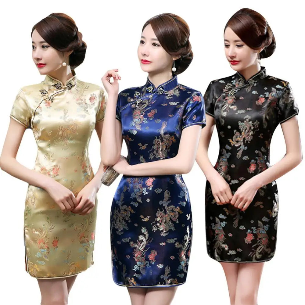 Vintage Summer Short Cheongsam Dress Chinese Dragon Phoenix Embroidery High Neck Slim Vestido Qipao Dresses Split Mini Dress - Seprincess