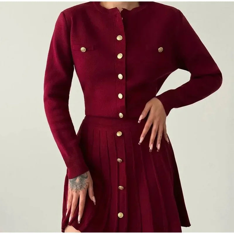 Chic Burgundy Pearl Buckle Women Mini Skirts Set Elegant Long Sleeve Knitted Cardigan Suits 2024 Female Commuting Street Outfits - Seprincess