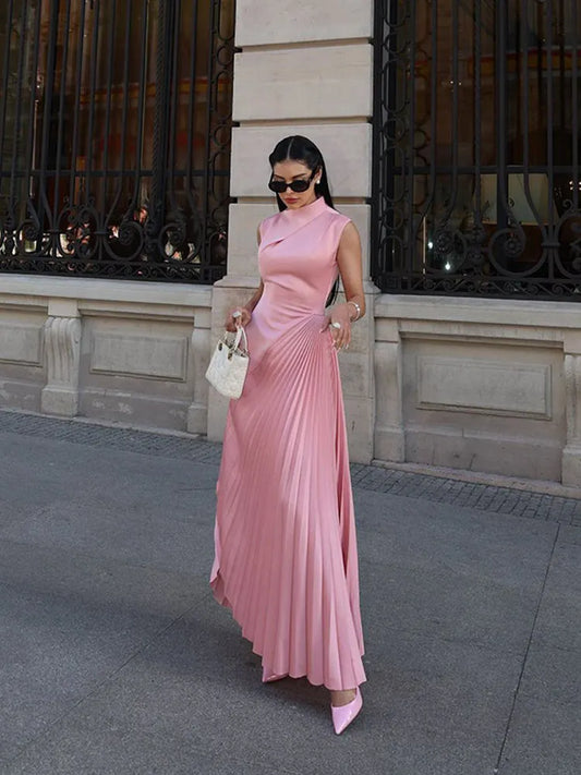 Solid Color Half Collar Long Dress Women Sleeveless Irregular Ruffle Maxi Dress Lady 2024 Fashion Evening Party Long Robes - Seprincess