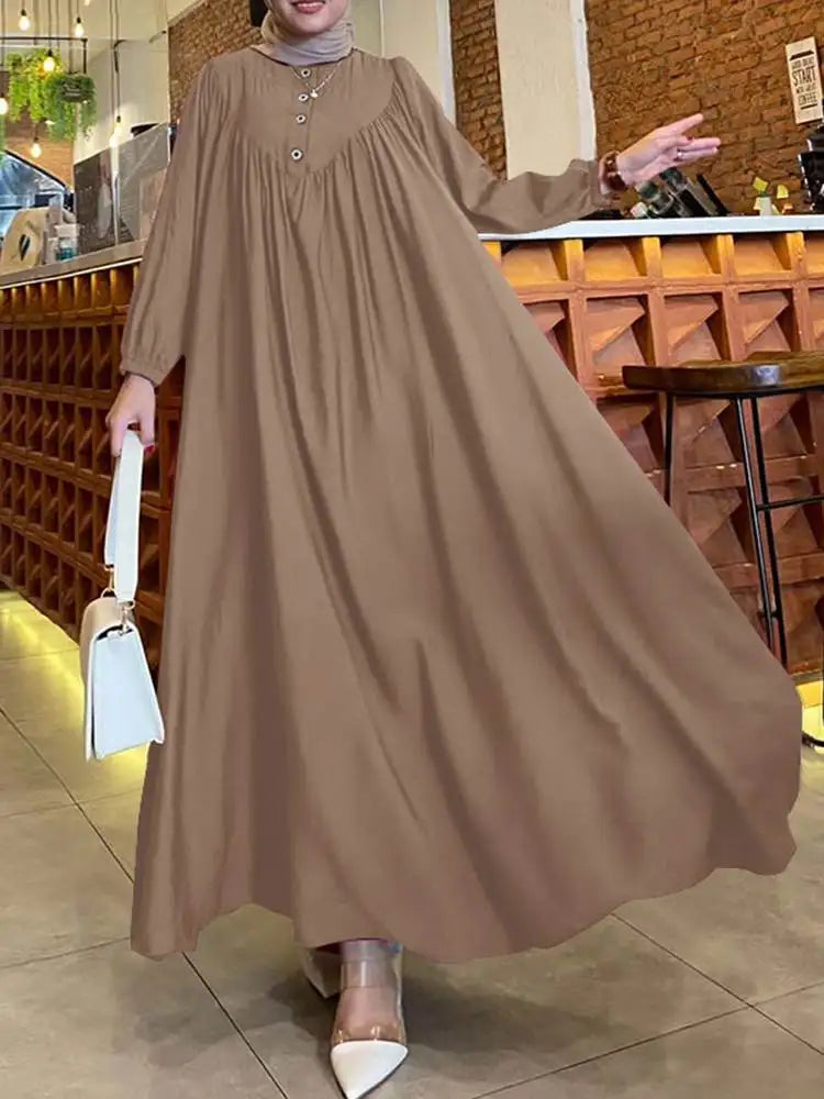 ZANZEA Islamic Dubai Hijab Dresses Autumn Muslim Dress Abaya Women Oversize Sundress Fashion Long Lantern Sleeve Maxi Vestidos - Seprincess