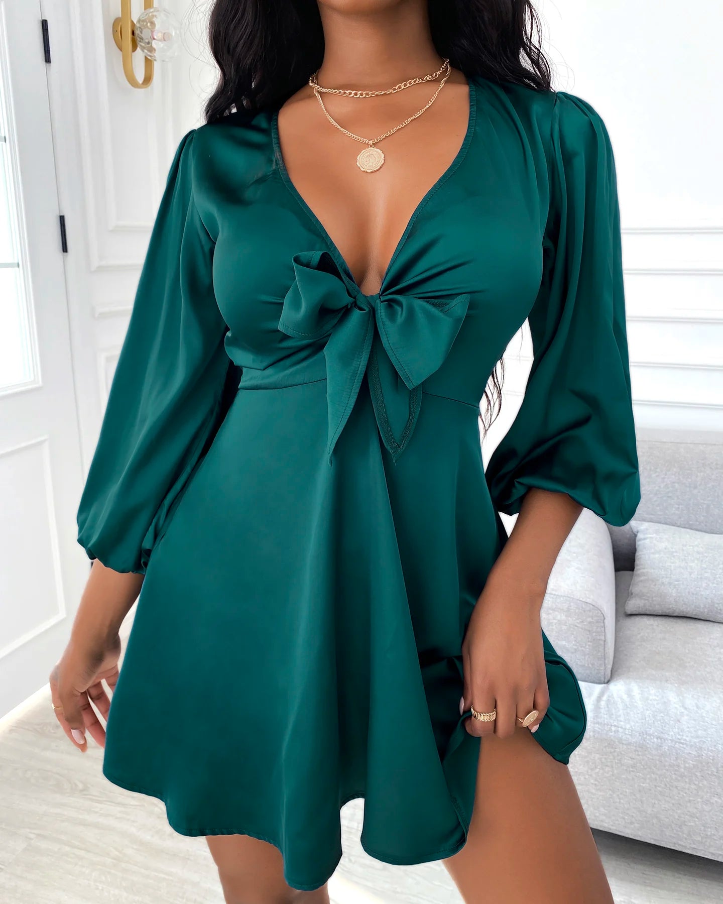 2022 New Women's Mini Satin Puff Sleeve Plunge Tie Front Dress Solid Bow Spring Summer Party Casual Chic Sexy V Neck Dress femme - Seprincess