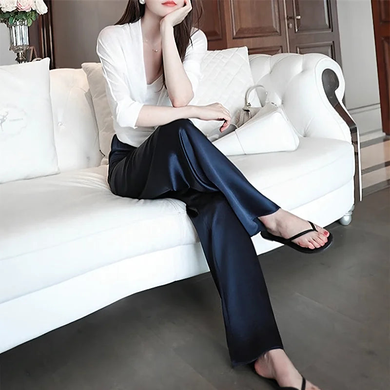 Summer Autumn Women's Pants Loose Classic Black Straight High Waist Casual Silk Satin Wide Leg Trousers for Women drape effect