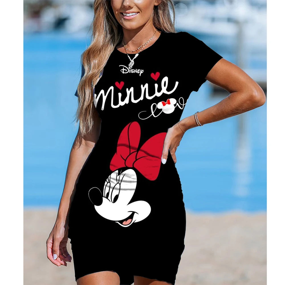 Disney Minnie Mickey Mouse Elegant Pencil Dress Womens Simple Sheath Office Dresses Summer Short sleeve Casual Night Club Dress - Seprincess