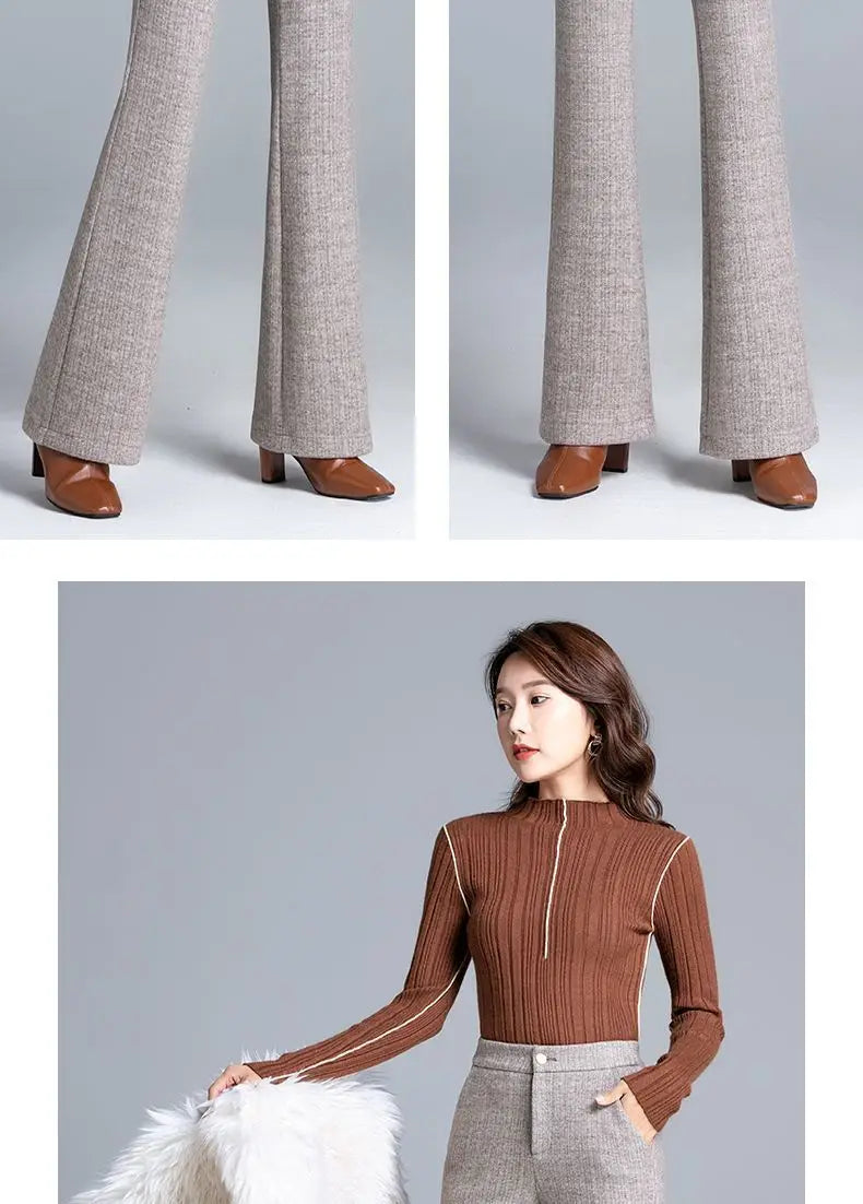 Office Lady Fashion Thicken Wool Flare Pants Autumn Winter New Korean Slim High Waist Wide Leg Women Solid Casual Suits Trousers