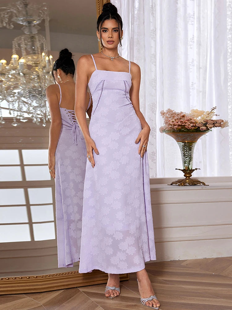 Suninheart New Summer Elegant Maxi Dress 2024 New Arrival Purple Spaghetti Strap Wedding Guest Dress Lace Up Party Dresses - Seprincess