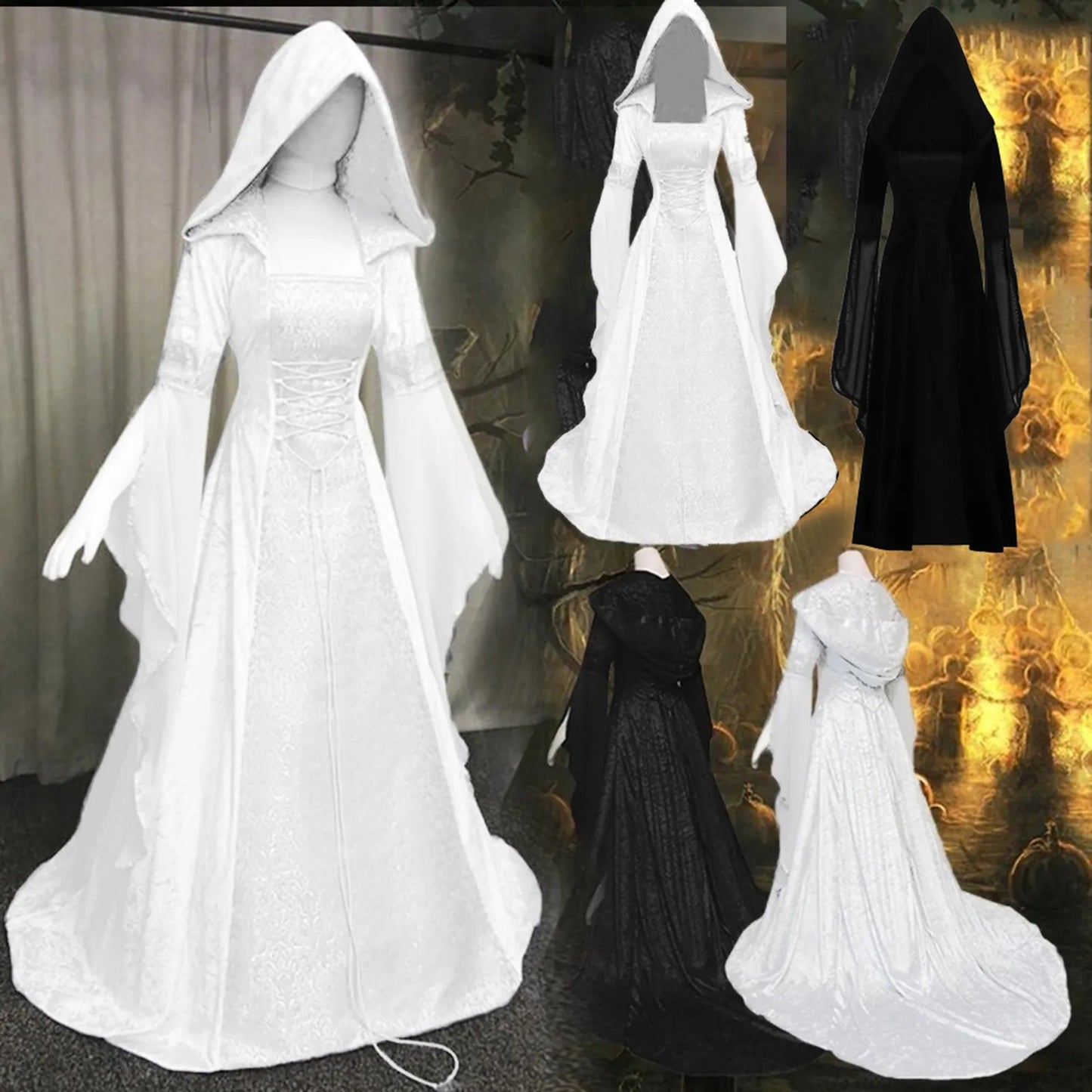 Women's Medieval Renaissance Vintage Gothic Hooded Long Dress Sexy White Lace Up Drawstring Halloween Queen Princess Cosplay - Seprincess