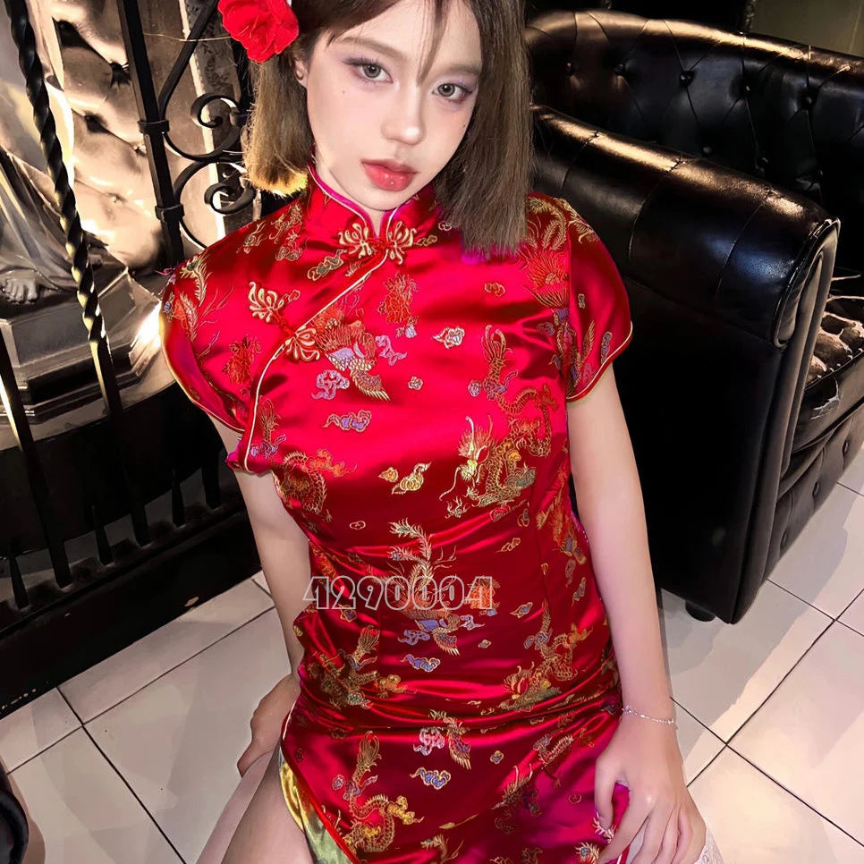 Sexy Red Qipao Women New Chinese Style Dresses Vintage Mandarin Collar Y2K Vestidos Print Flower Cheongsam Bigsize 3Xl-6Xl - Seprincess