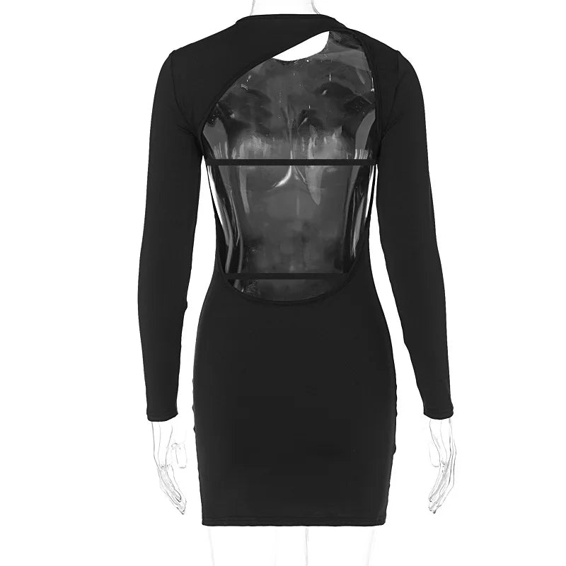 Cryptographic Sexy Backless Bandage Mini Dress Elegant Club Outfits for Women Fashion Bodycon Short Long Sleeve Dresses In Black - Seprincess