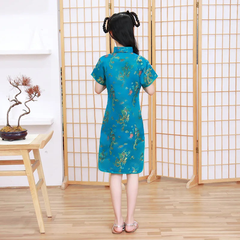 Classical Chinese Style Qipao Children Cheongsam Silk Brocade Princess Dress Baby Girl Print Cheongsams Handmade Button Clothing - Seprincess