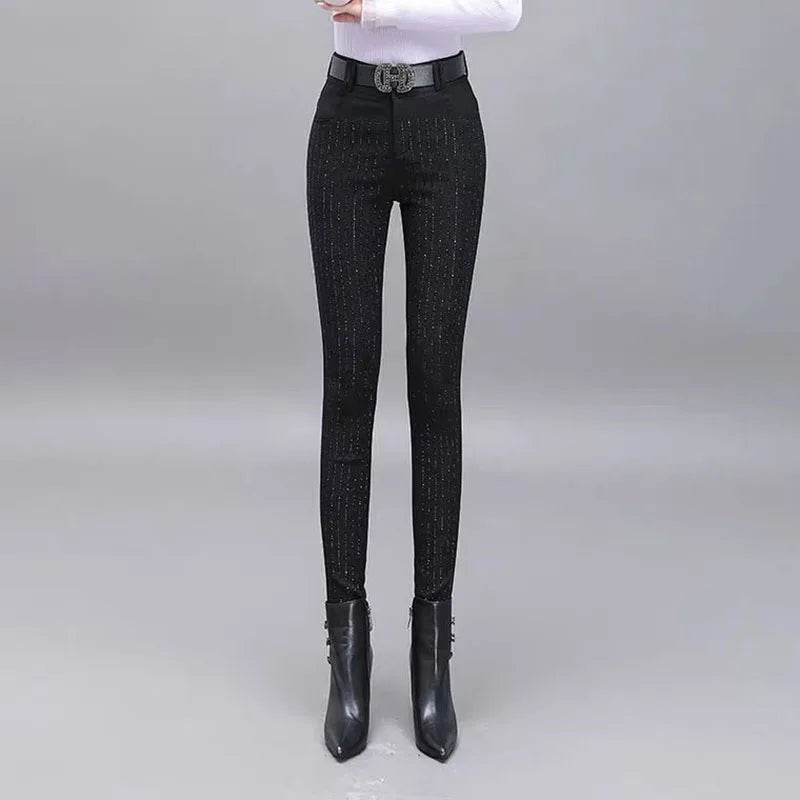 Rhinestone Black Denim Pencil Pants Women's Jeans Autumn New European Elastic Slim Fit High Waisted Strech Jean Pants for Women