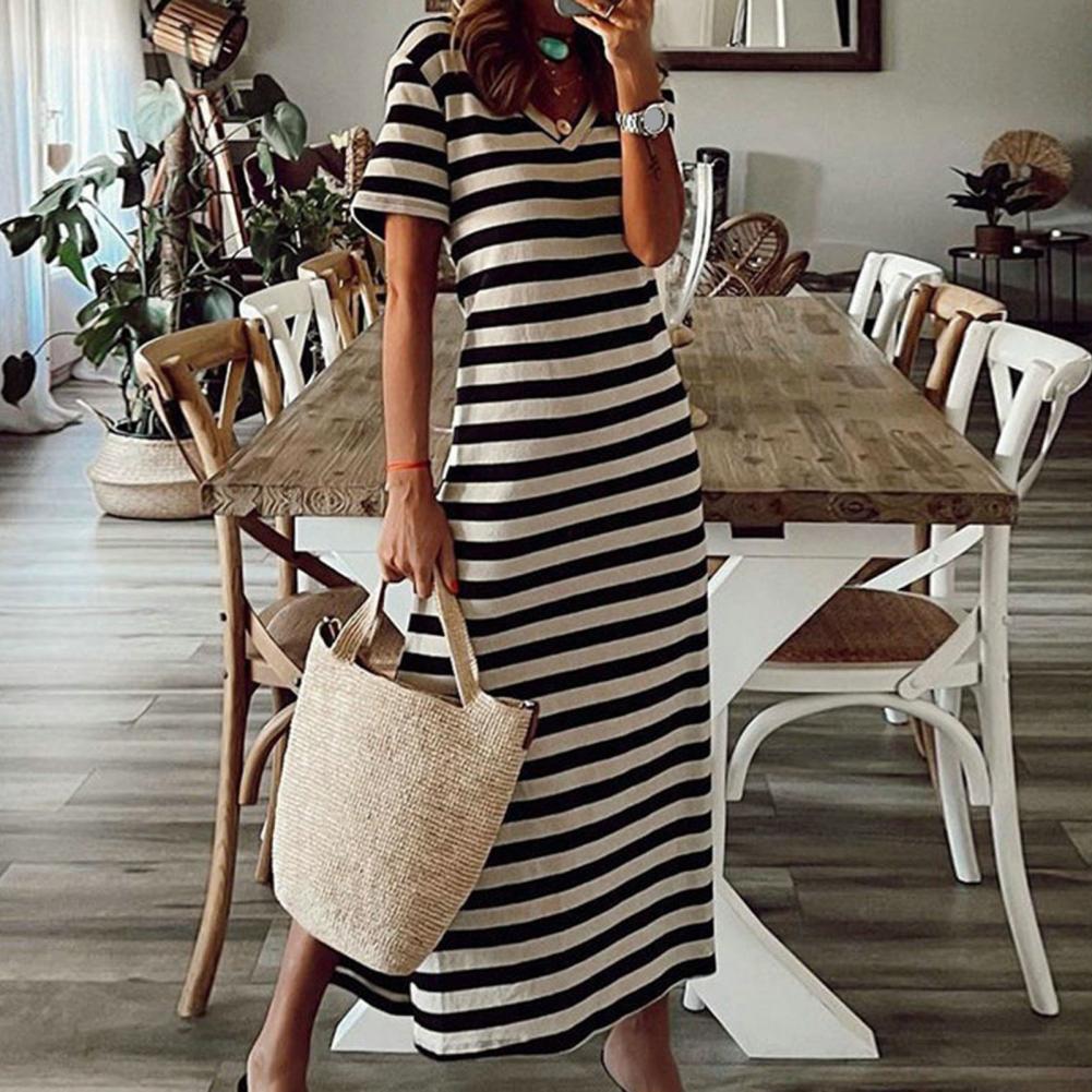 Summer Dresses 2023 Woman Plus Size Dresses For Women Casual Stripe Print V-neck Short Sleeve Loose Long Dress Robe Femme - Seprincess