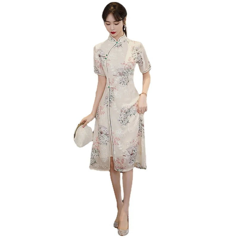 Retro Traditional Chinese Short Sleeve Cheongsam Clothing for Women Summer Modern Elegant Qipao Evening Dress - Seprincess