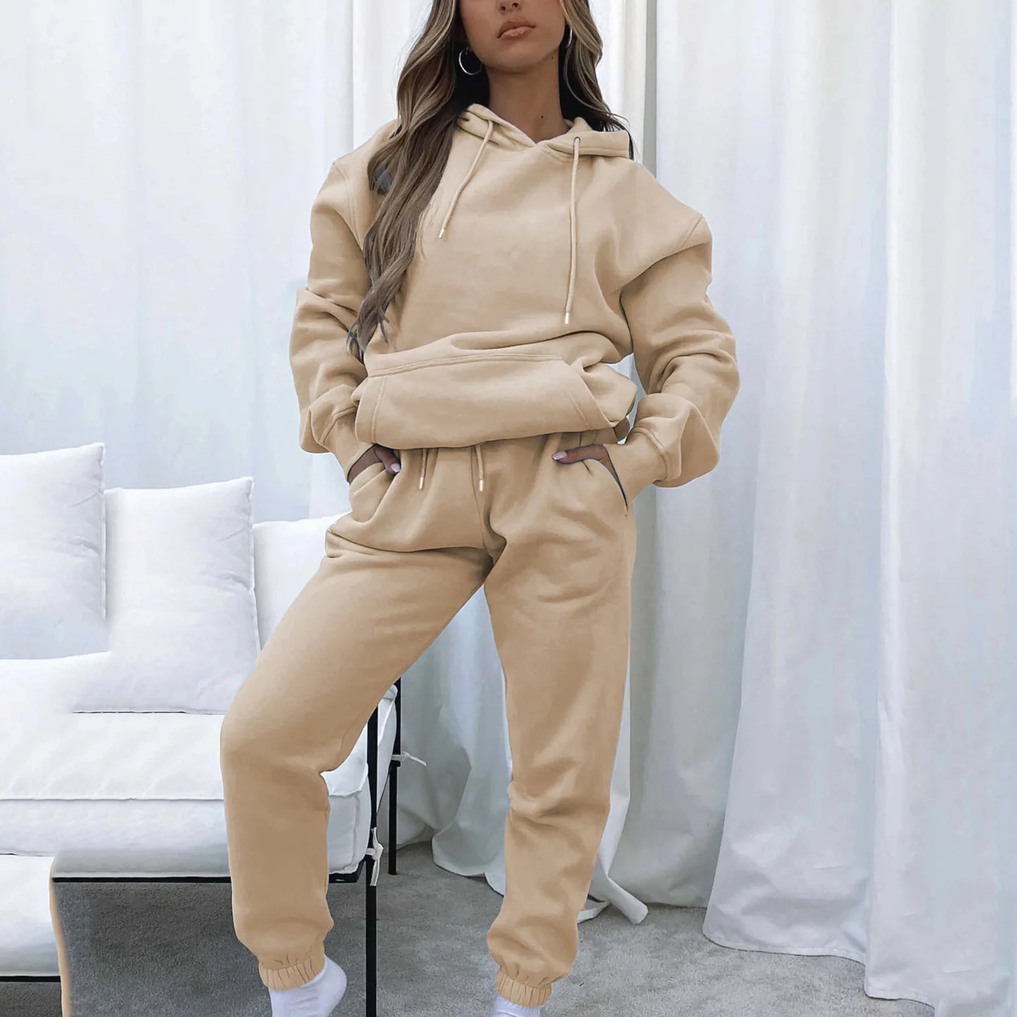 Women Two Piece Sets Tracksuit outfit Hooded Sweatshirts Pocket Drawstring Long Pants Suit Thick Casual Office Lady Autumn - Seprincess