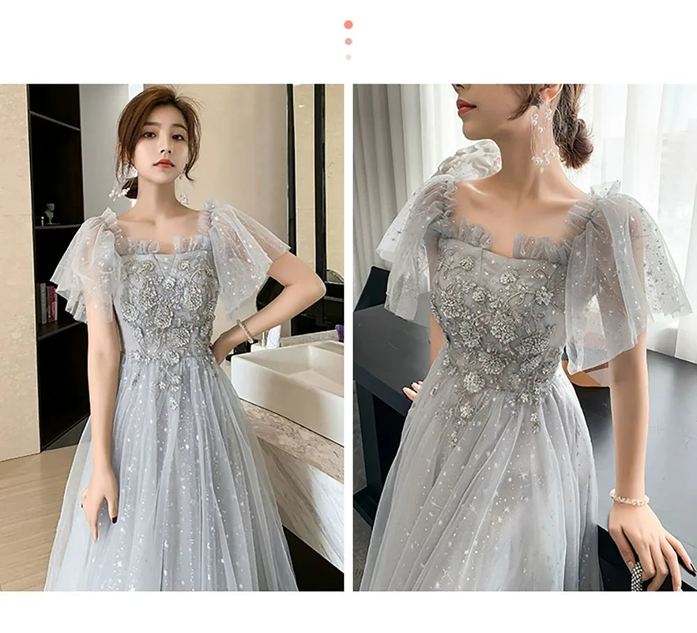 Bridesmaid Dress Women Lantern Sleeve Sequin Tulle Party Dresses Fairy Stage Performance Elegant Ladies Banquet Evening Gown - Seprincess