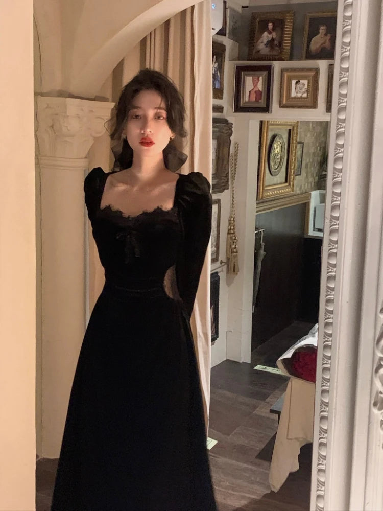 2022 Autumn Black Velvet Midi Dress Casual Korean Fashion Elegant Party Dress Woman Long Sleeve Vintage Lace Dress Slim Design - Seprincess