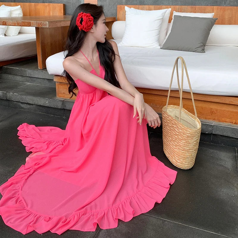 Women Long Sexy Chiffon Sundress Summer 2024 Halter Elegant French Fairy Dress Honeymoon Vacation Party Night Runway Dresses New - Seprincess