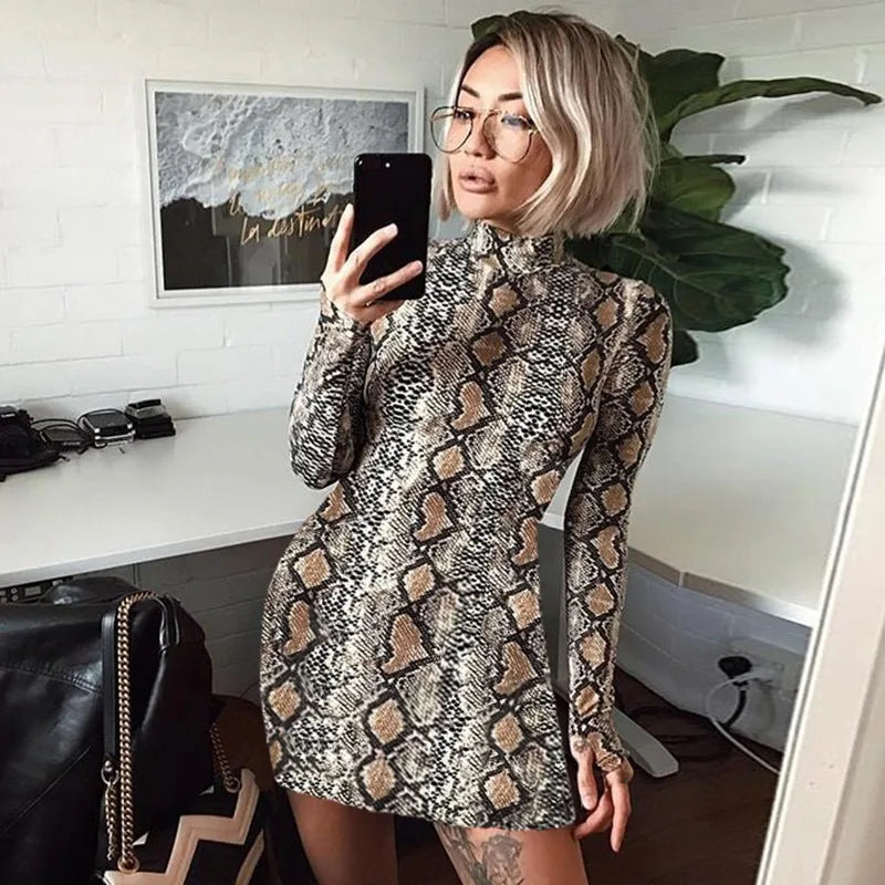 Fashion Vintage Snake Print Dress Turtleneck Sexy Long Sleeve Tight Dress For Women - Seprincess