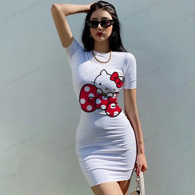 Short Sleeve Bodycon Mini Dress Women Sexy Party Club Evening Birthday Hello Kitty Print Dresses 2024 Spring Summer Wholesale - Seprincess