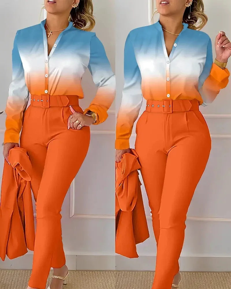 Elegant Women Printed Two Piece Suit Sets Spring Autumn V Neck Long Sleeve Shirt Top & Long Pants Set With Belt Workwear Outfits - Seprincess