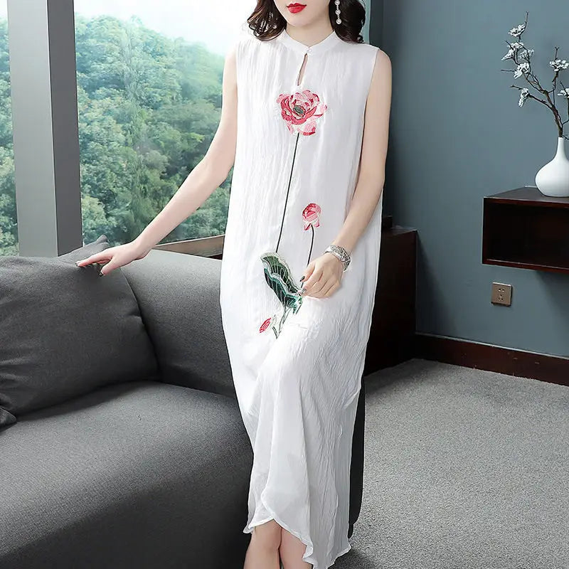 1pcs/lot chinese style woman Embroidered Cheongsam Sleeveless Vest Chiffon Dress Woman Dress print dress - Seprincess