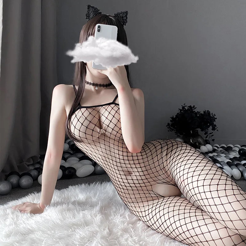 Sexy Open Crotch Bodysuit For Women Erotic Fishnet Mesh Bodystockings Female Porn Hollow Out Teddy Crotchless Stretch Lingerie