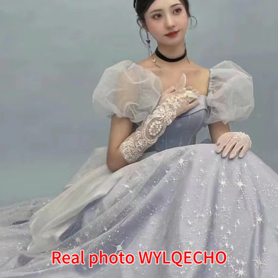 Blue Prom Dress Engagement Jacquard Dress France Vintage Sweet Korean Princess Fairy Dress Evening Party Dress - Seprincess