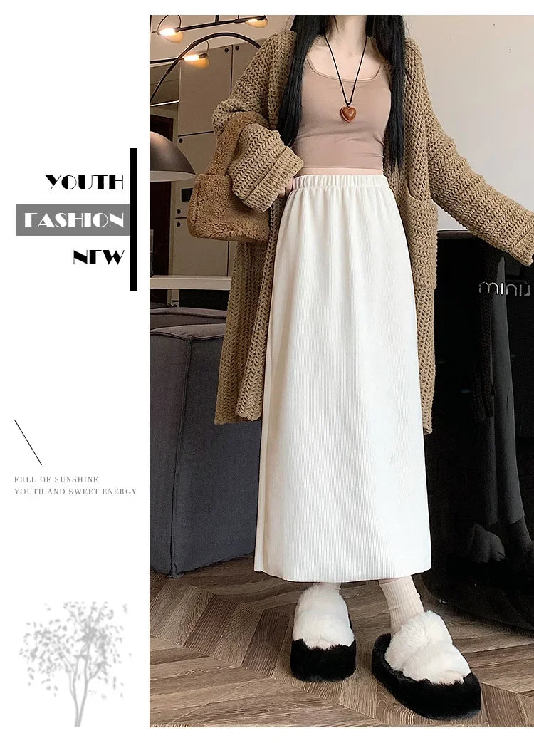 Thickened Fleece-Lined Corduroy Skirt Women's Autumn/Winter 2024 New Medium-Length A- Line Skirt With Side Slit High-Waisted