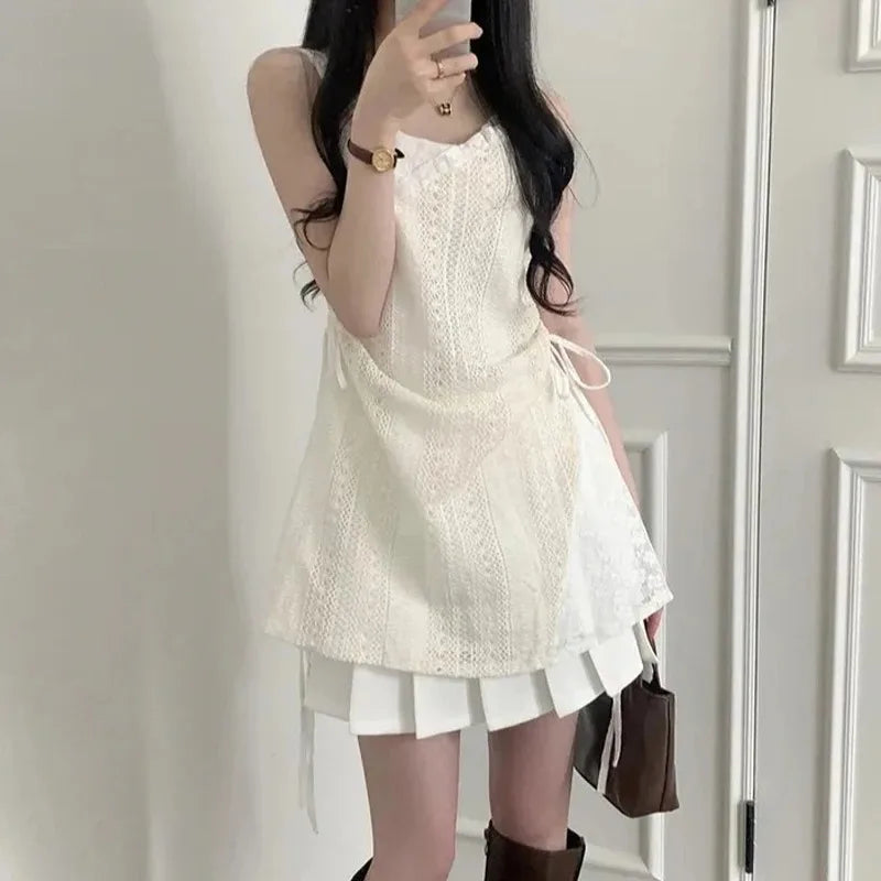 Summer Dress Women Chic French Lace Stitching Sling Shirt Stacked Gauze Knitted Dress Overskirt Inner Wear Base Short Dress - Seprincess