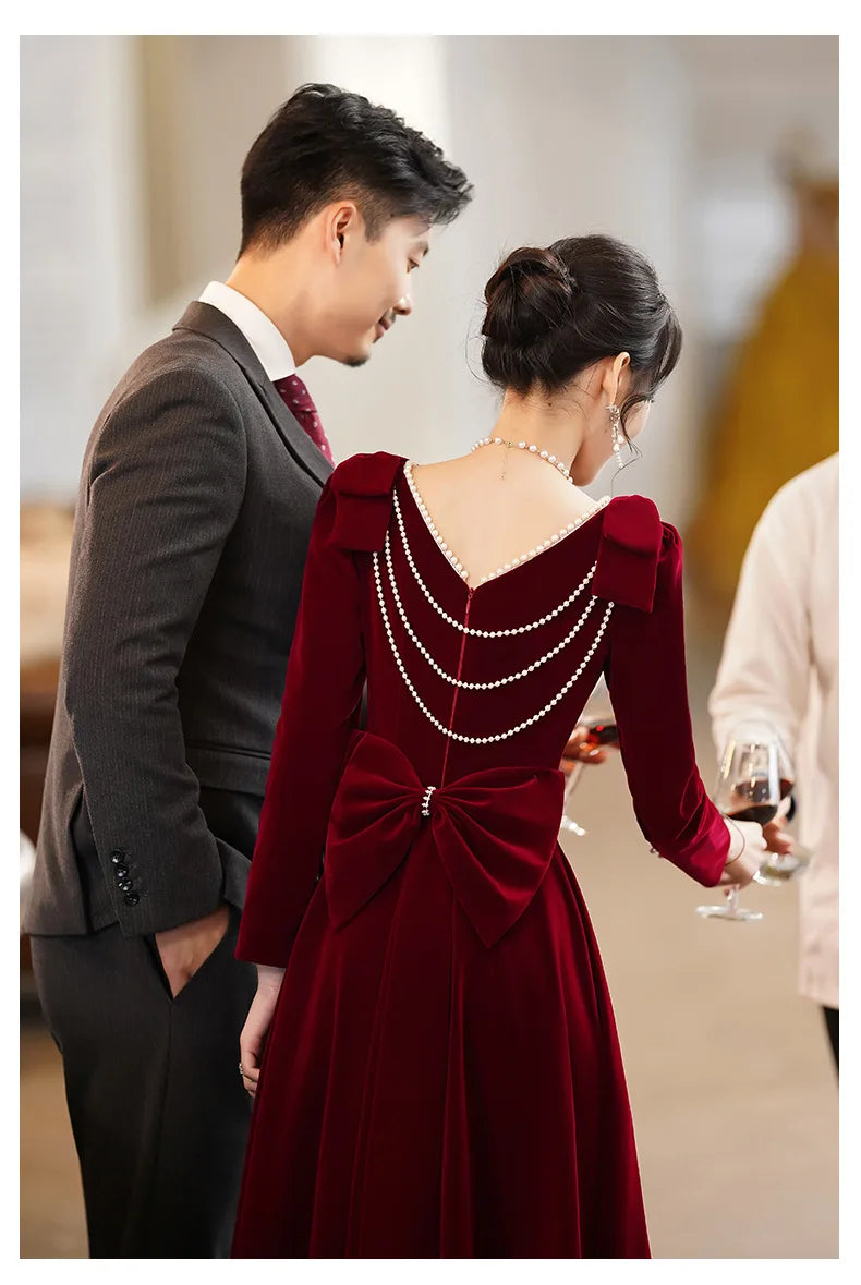 Burgundy Velvet Evening Dress Elegant Beaded Square Collar Engagement Dresses Temperament Bow Long Sleeve Formal Banquet Gown - Seprincess