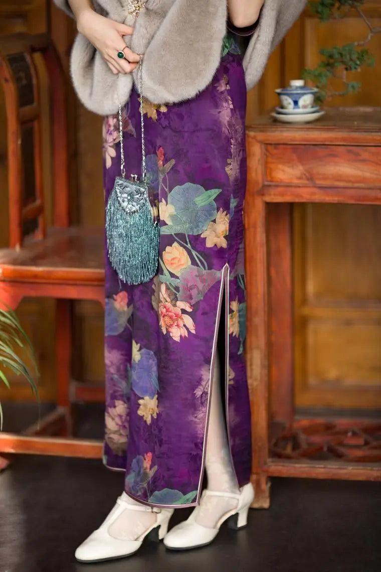 Spring Elegant Satin Stand Collar Purple Floral Printed Ball Gown Chinese Traditional Cheongsam Dress תחפושות לנשים לפורים 2023 - Seprincess