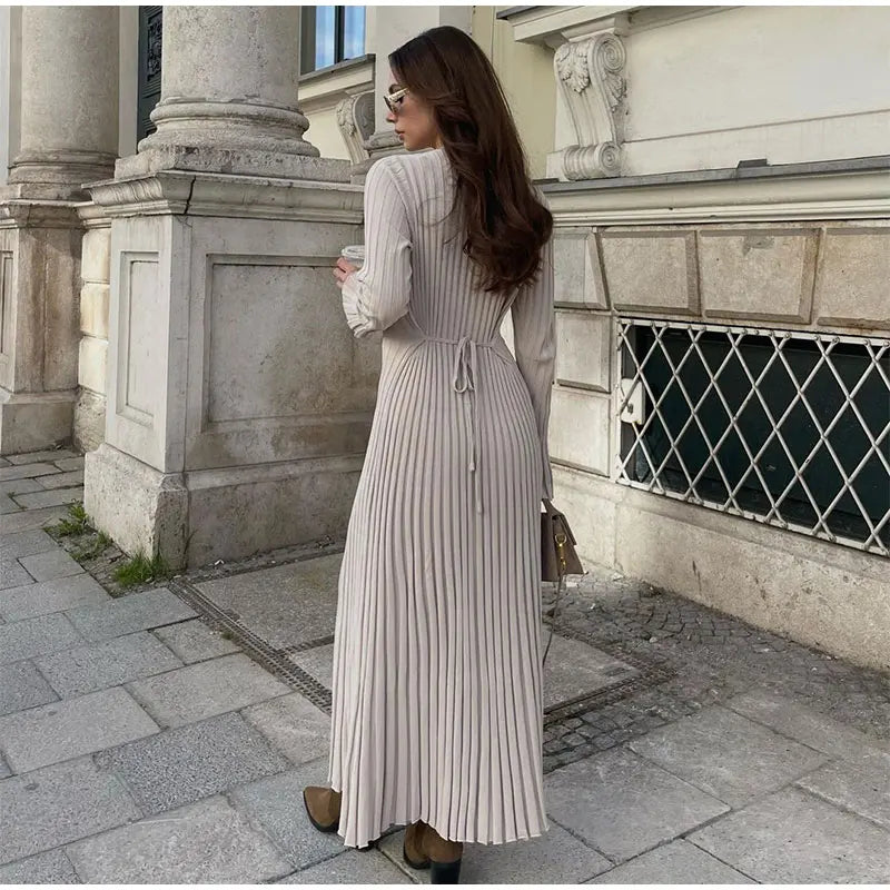 Women Elegant Solid Pleated Knitted Maxi Dress Casual Round Neck Long Sleeve Lace Up Dresses 2024 Autumn Lady High Street Robes - Seprincess