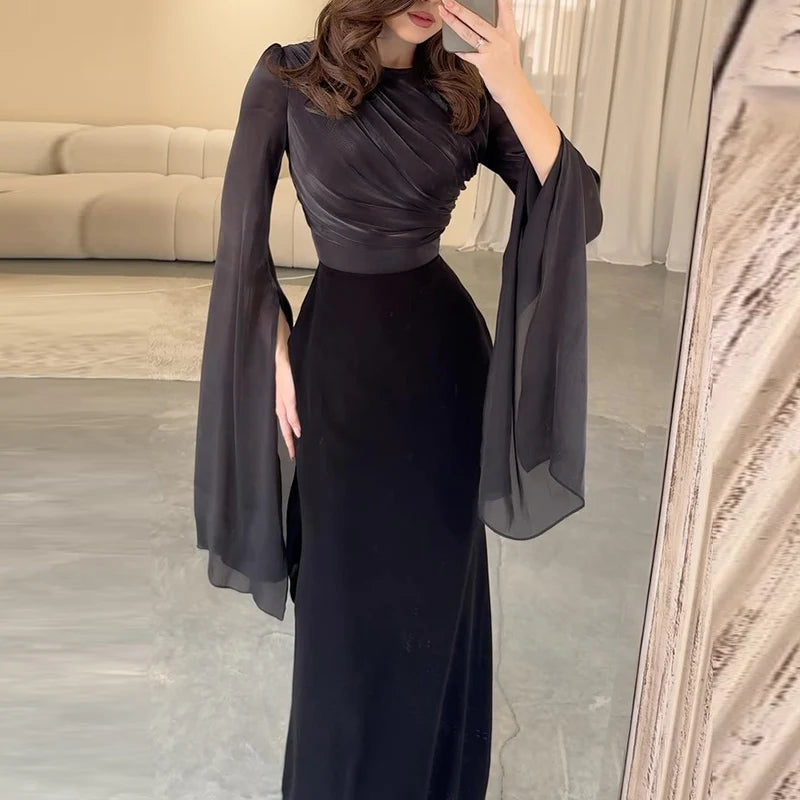 Fashion Satin Solid Robe Dress Ladies Temperament O-neck Slim Evening Dress Elegant Batwing Sleeves High Waist Pleats Long Dress - Seprincess