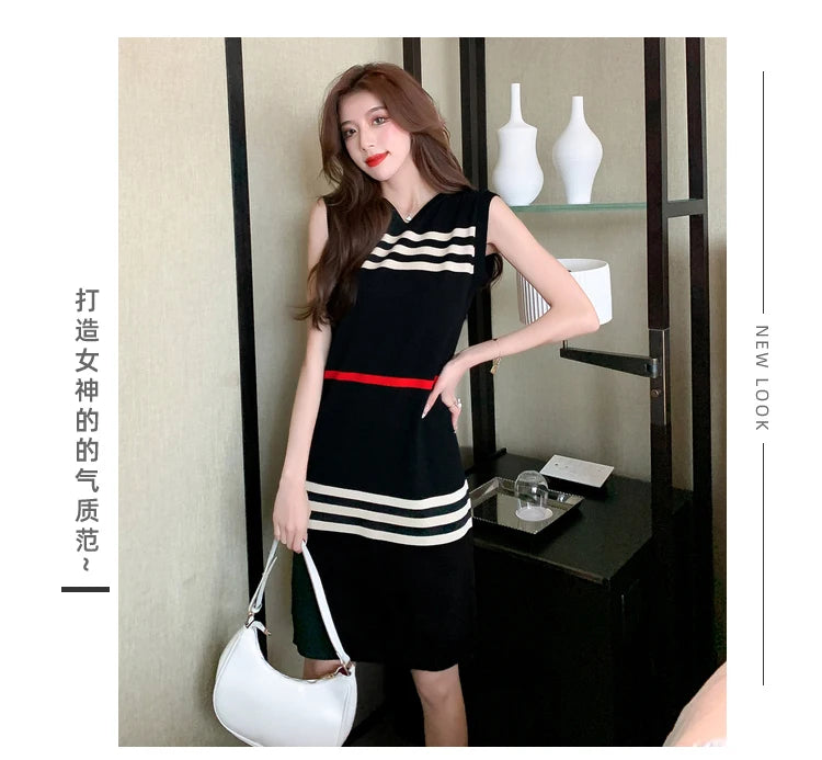 YUQI Basic Striped Knitted Dress Summer Casual Loose Hooded Sleeveless Knee-Length Dresses for Women 2024 Elegant Sweet Vestidos - Seprincess