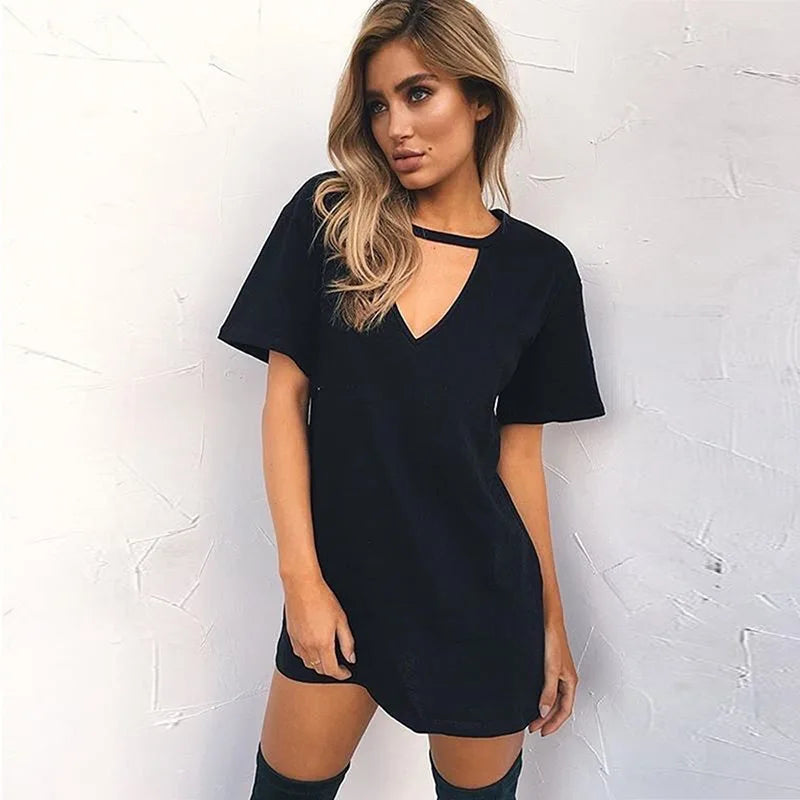 Summer Sexy Mini Black Dress 2023 V Neck Cut Out Loose Dress Women Elegant Short Sleeve Club Party Dress Solid Color Streetwear - Seprincess