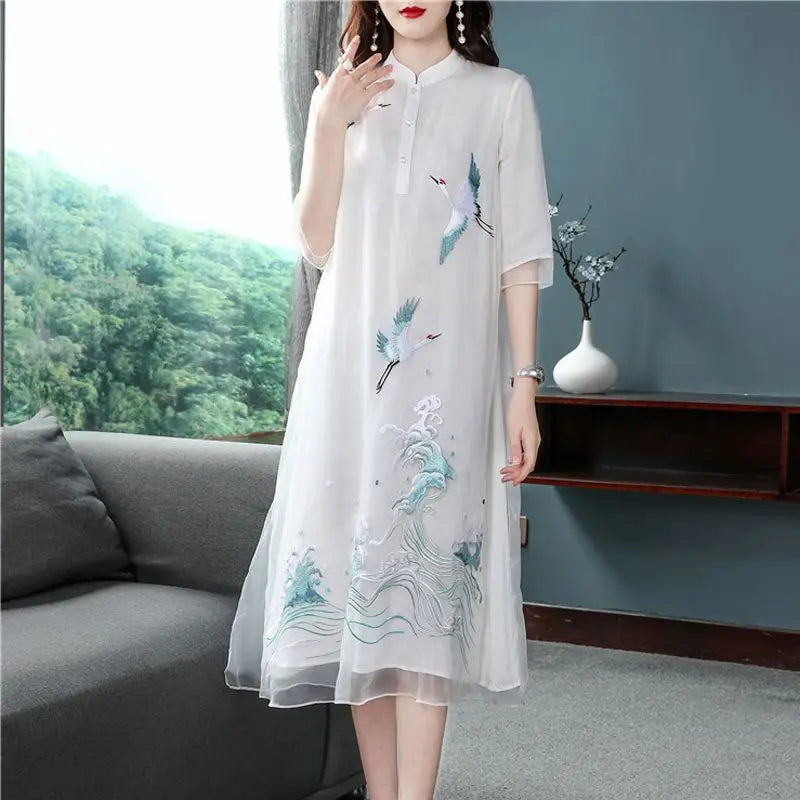 Chinese traditional chiffon cheongsam vestidso vintage embroidery evening party dress oriental loose half sleeve qiapo dress - Seprincess