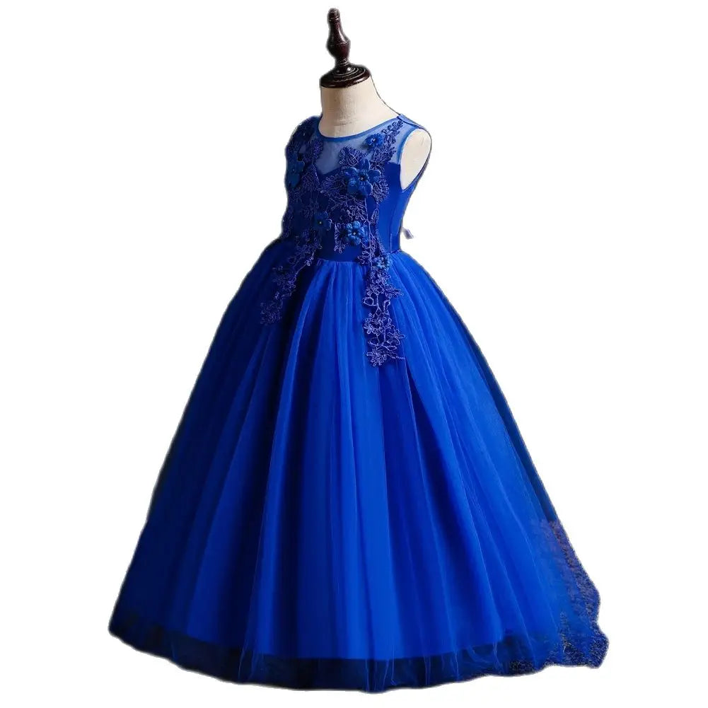 Blue New Girl Flower Long Dress Children's Ball Embroidered Princess Dress for 4 to 14 years Girl Party Wear - Seprincess